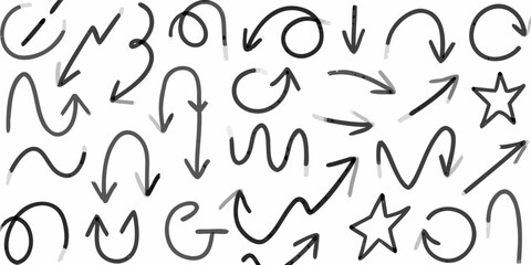 Fototapeta premium Collection of hand drawn arrows lines stars and abstract shapes on a white background