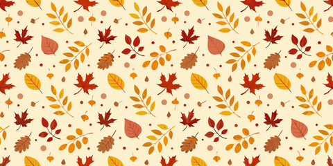 A seamless pattern featuring colorful autumn leaves and delicate sprigs