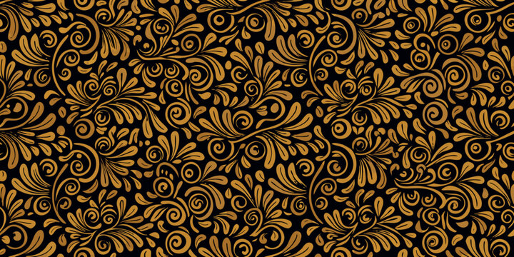 Intricate golden floral pattern on a black background a seamless design