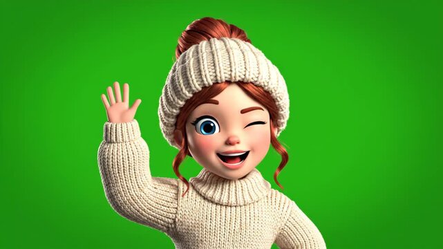 Green Screen Cartoon Girl Peeking up Waving Hello in Winter Sweater 3D Render