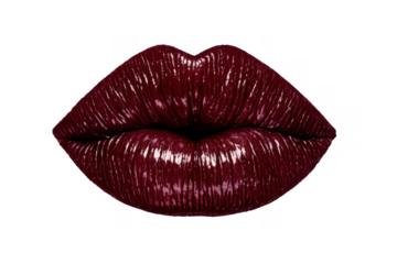 Dark red glossy lips with vibrant shiny lipstick for beauty, fashion, and sensuality, isolated on transparent background