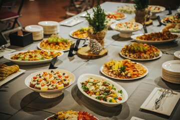 Colorful array of gourmet dishes displayed on a banquet table, featuring various appetizers, salads, and desserts, creating an inviting atmosphere for a festive gathering