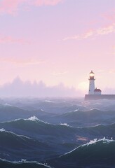 Minimalist anime landscape of The misty sea and calm waves at dawn provide a serene backdrop for a glowing lighthouse under a pastel sky, inspiring hope