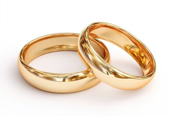 Two golden wedding bands interlocked, resting on a bright white surface
