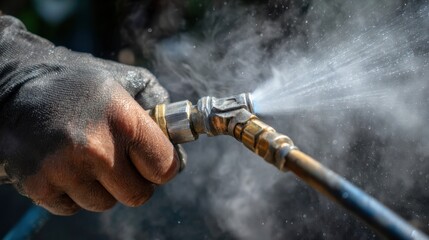 Obraz premium Medium shot of a hand repairing a leaking pressure washer hose water spraying as the connection is tightened to restore full pressure power.
