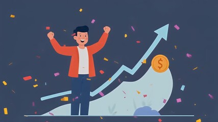 Joyful man celebrates significant financial growth and business success, surrounded by confetti, symbolizing achievement and profitable ventures