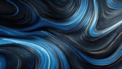 Swirling, fluid abstract texture in blue, black and golden shades