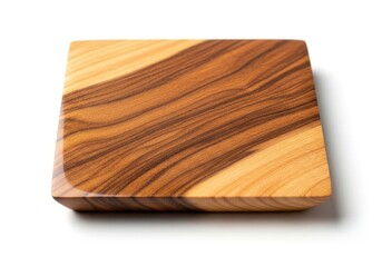 Square wooden board with rich, contrasting grain pattern rests against a white background.