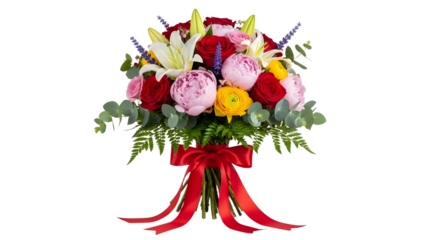 A beautiful bouquet of colorful flowers with a red ribbon on transparent background