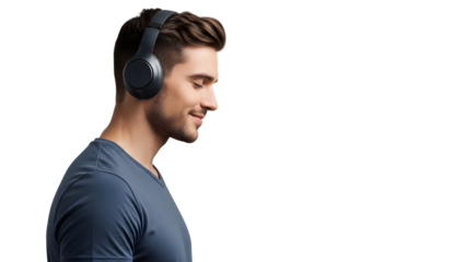 A young man wearing headphones and smiling on transparent background