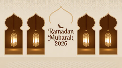 Ramadan mubarak 2026 greeting banner with hanging lanterns in islamic archways on beige background for holy month of ramadan with Muslim and Faith