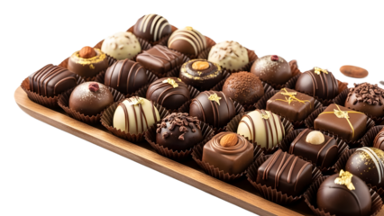 A wooden tray filled with assorted chocolates on transparent background
