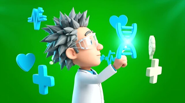 Cartoon scientist with spiky hair holding glowing medical symbols against vibrant green background, 3D render