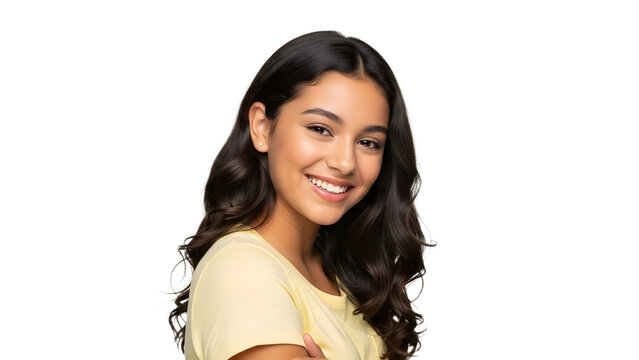 A young woman with long dark hair smiling on transparent background