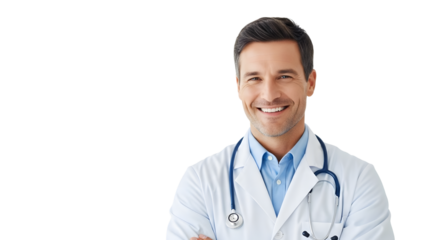 A smiling doctor in a white lab coat with a stethoscope on transparent background