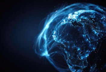 Glowing Earth globe with light trails, cities sparkle on the dark continents