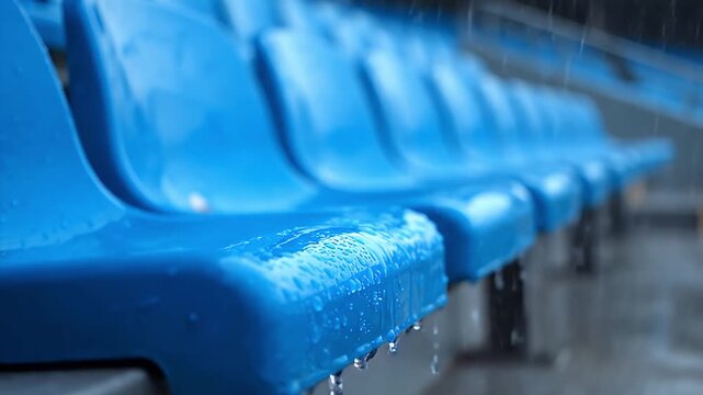 Rows of empty blue stadium seats covered with detailed raindrops during a heavy downpour