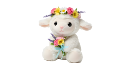 A cute white lamb toy with a flower crown on transparent background