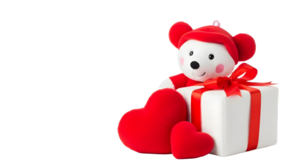 A cute white teddy bear wearing a red hat sitting on a white gift box with red ribbon on transparent background
