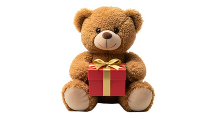 Obraz premium A cute brown teddy bear sitting with a red gift box on transparent background