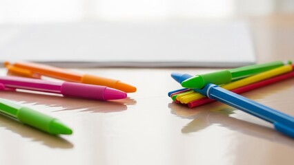 A vibrant assortment of colorful plastic pens arranged on a reflective surface, suggesting creativity and education.
