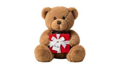 Obraz premium A cute brown teddy bear holding a red gift box with a white bow on transparent background