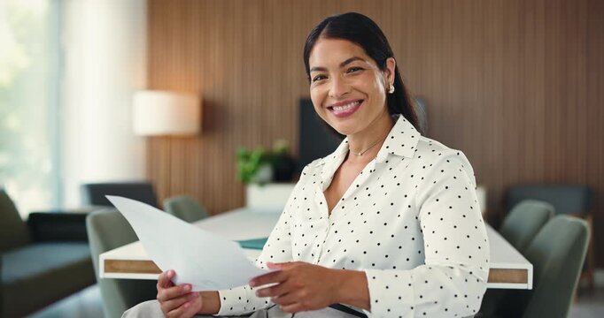 Office, face and businesswoman with paperwork, smile and pride for ad performance review and report. Confident, marketing manager and person with document for campaign results or laugh in Philippines