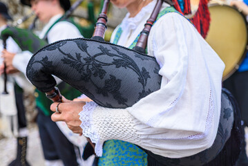 Close up of traditional bagpipes at a folk festival. The Concept of Tradition.