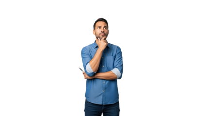 A thoughtful man in a blue shirt standing on transparent background