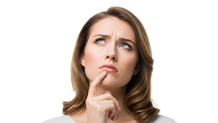 A thoughtful woman with her finger on her chin looking up on transparent background