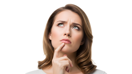 A thoughtful woman with her finger on her chin looking up on transparent background