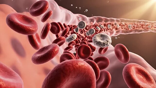Blood cells flowing through a vein, showing red blood cells, white blood cells, and platelets in a detailed microscopic view.