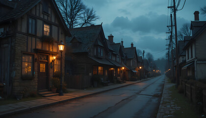 Obraz premium Quaint village street at dusk with warmly lit houses and cloudy sky