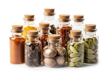 Assortment of various whole and ground dried culinary seasonings displayed in clear glass vials with cork stoppers.