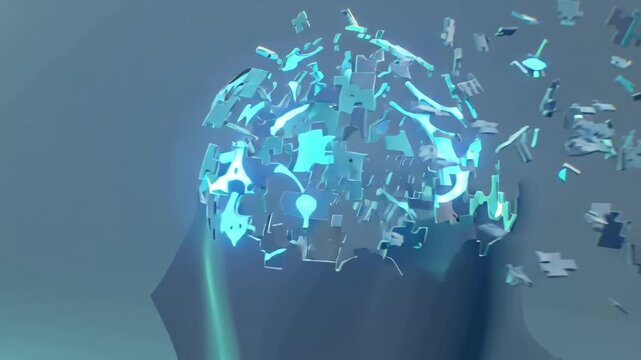 Futuristic 3D human puzzle head, pieces being removed, glowing particle streams abstract symbols emerging, equations, icons, geometric shapes knowledge memory, dark background, cinematic lighting 4k