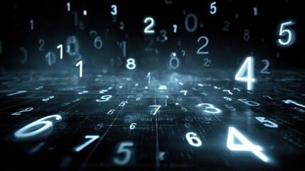 Abstract Digital Data Flow Glowing Blue Numbers Illuminating a Dark Futuristic Cyber Background with Depth of Field