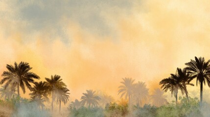 Dreamy Golden Hour Tropical Landscape with Palm Tree Silhouettes and Misty Horizon Digital Art.