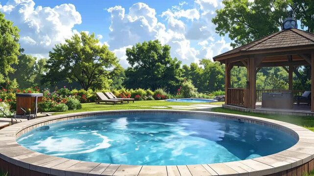 Beautiful backyard with a round swimming pool, hot tub, and gazebo on a sunny day.