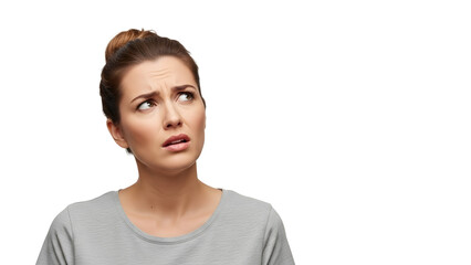 A concerned woman with a puzzled expression on her face on transparent background