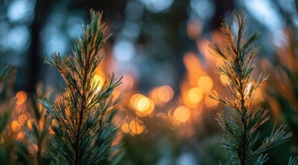 Close up of evergreen pine needles with a blurred bokeh background