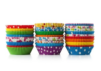 Three stacks of multicolored paper baking cups are arranged across a bright white background