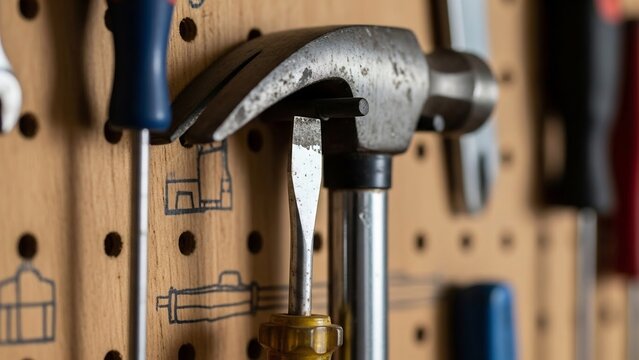 A weathered claw hammer and flathead screwdriver hanging on a pegboard in a workshop.