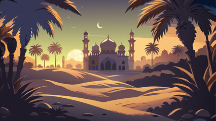 Obraz premium Sunset over a desert mosque Vector, illustration