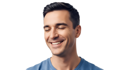 A smiling man with short dark hair wearing a blue shirt on transparent background