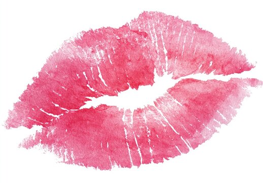Watercolor illustration of a pink lipstick kiss mark on a white background