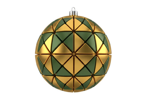 Geometric Christmas Ornament with Gold and Green Pattern on White Background