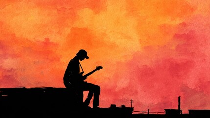 Vibrant Watercolor Sunset Guitarist Silhouette on Urban Rooftop with Electric Guitar