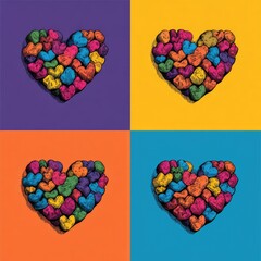 Four colorful hearts made of smaller hearts, on different backgrounds