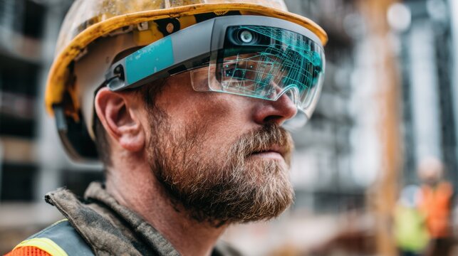 Medium shot of a construction worker using augmented reality glasses to overlay structural plans on a building site for precision inspections. - Powered by Adobe