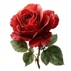 Detailed red rose with dewdrops, green leaves, and thorny stem on white